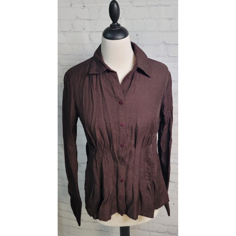 Coldwater Creek Brown Button Down Long Sleeve Blouse Women's PM Pleated Career